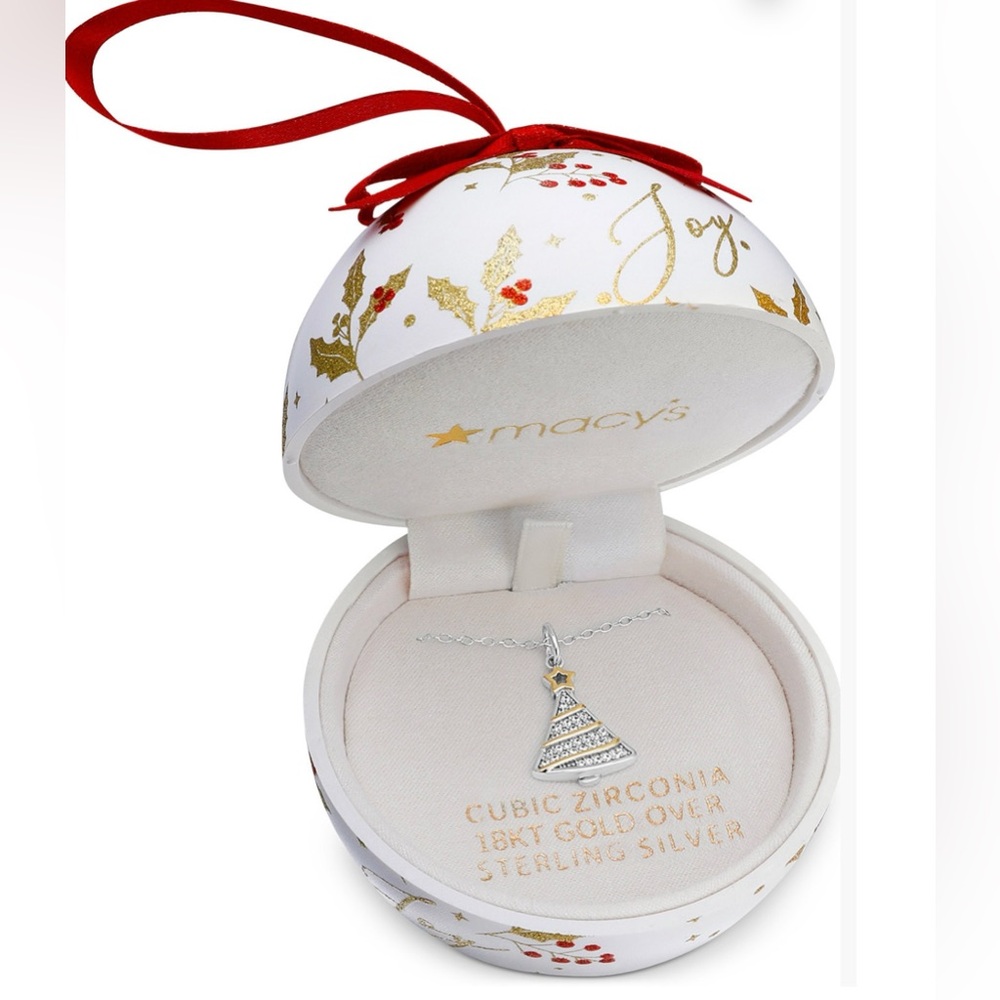 New never used: Ornament Box with Cubic Zirconia Two-Tone Christmas Necklace.